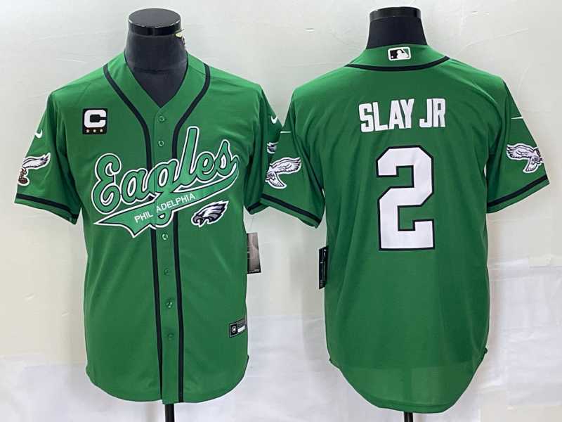 Mens Philadelphia Eagles #2 Darius Slay JR Green C Patch Cool Base Stitched Baseball Jersey